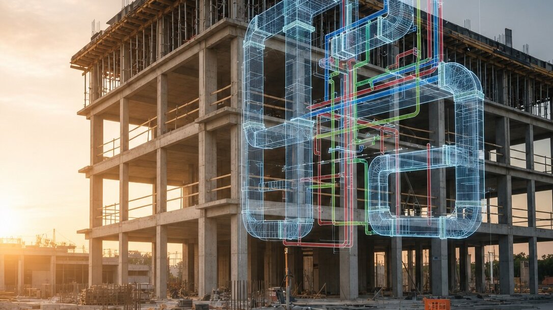 Building services engineering model showing coordinated piping and services