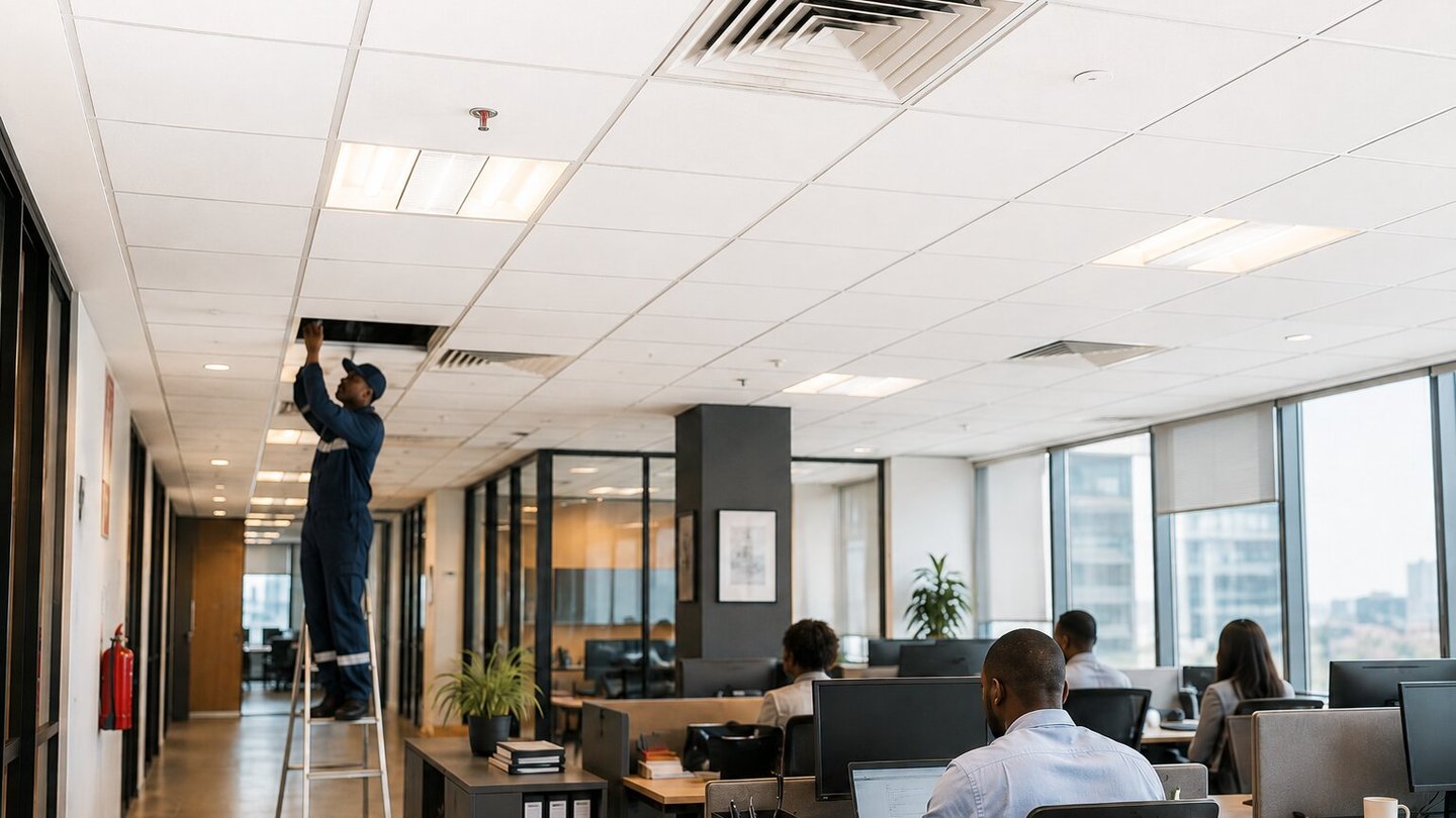 Technician working on building systems in a commercial office environment